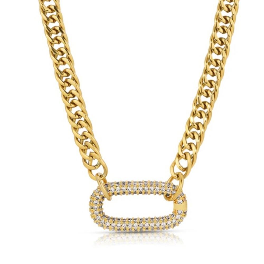 Gold Zircon Rectangular Charm Necklace Chain Link - Picture 6 of 11